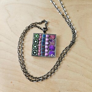 Purple Mixed Media Necklace, Modern Glass Mosaic Art Pendant, Bright and Colorful Boho Jewelry, Square Gunmetal Necklace, Glass and Beads