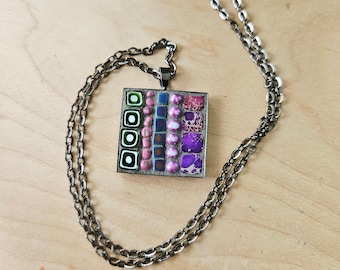 Purple Mixed Media Necklace, Modern Glass Mosaic Art Pendant, Bright and Colorful Boho Jewelry, Square Gunmetal Necklace, Glass and Beads