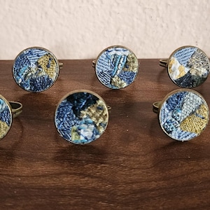 Patchwork Denim and Fabric Ring, Antique Bronze Adjustable Ring Band ...
