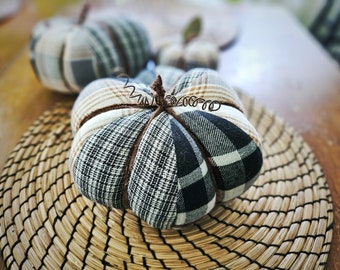 Upcycled Plaid Fabric Pumpkin, Patchwork Textile Handmade Pumpkin, Modern Farmhouse Fall Decor, Neutral Plaid Flannel Autumn Pumpkins