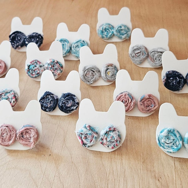 Fabric Flower Rosette Stud Earrings, Colorful Textile Jewelry, Modern Rose Floral Earrings, Choose Your Colors - Pink, Blue, and Gray Tones