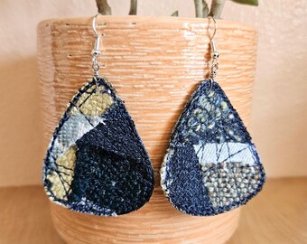 Unique Teardrop Statement Earring, Large Upcycled Denim Earrings, Textile Art Jewelry