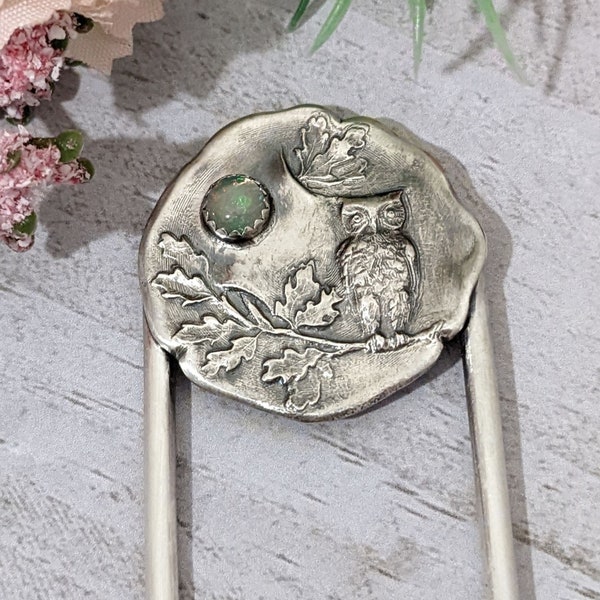 Hibou au clair de lune opale fourchette à cheveux en argent sterling