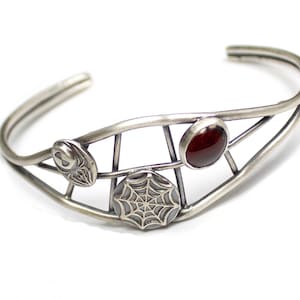 Halloween Spider Web Sterling Silver Cuff Bracelet with Garnet