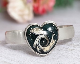 Green Ocean Wave Heart Sterling Silver Cuff Bracelet Lampwork Glass