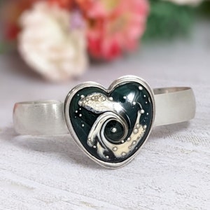 Green Ocean Wave Heart Sterling Silver Cuff Bracelet Lampwork Glass
