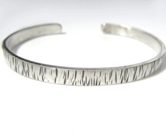 Narrow Textured Sterling Silver Cuff Bracelet Hammered Lines Texture Pattern Gift for Her or Him Unisex Slender Bracelet