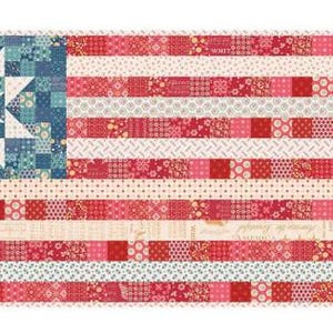 May include: A handmade quilt depicting the American flag. The quilt features a blue square with a white star design in the upper left corner. The stripes alternate between red and white, with various patterns and textures.