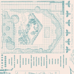 May include: A detailed garden plan illustration in light blue and cream. The design includes a house, lawn, pool, and various flower beds labeled with flower names. Text reads "A Flower Gardener's Best Friend."