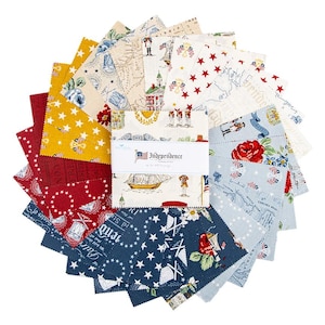May include: A collection of fabric squares in red, white, and blue, featuring patriotic designs. The squares are arranged in a circular pattern, with patterns including stars, flags, maps, and floral motifs. The center of the stack has a label that reads "Independence".