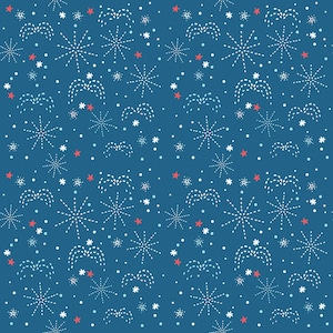 May include: A repeating pattern on a blue background featuring white and red starbursts, stars, and dotted lines. The design has a festive, celebratory feel, suitable for various applications like fabric or wallpaper.