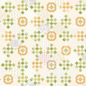 May include: A fabric featuring a repeating quilt-inspired pattern with alternating blocks of sage green and soft peach geometric shapes. The design includes small diamond clusters and octagonal motifs set against a cream background with subtle textures.