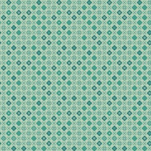 May include: A repeating geometric pattern featuring dark teal four-petaled floral shapes arranged in a grid. The design includes thin dark teal diagonal cross lines and small white dots centered between the floral motifs on a light mint green background.