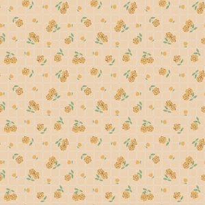 May include: A repeating pattern of small yellow flowers and green leaves on a light peach background. The design is arranged in a grid pattern, creating a vintage or cottagecore aesthetic. The flowers are clustered, and the leaves are small.