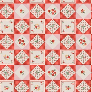 May include: A repeating pattern of a patchwork quilt design. The quilt features alternating squares and diamonds in red, pink, and cream colors. Each square and diamond contains floral designs.