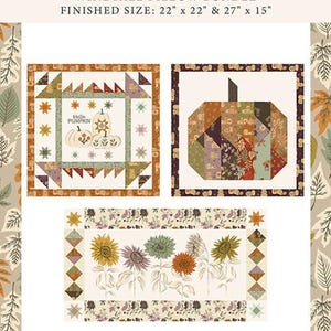 May include: Windfall pillow bundle pattern featuring three quilt designs with autumn motifs. Includes a square pumpkin block, a large pumpkin, and a sunflower arrangement. Finished sizes are 22 inches by 22 inches and 27 inches by 15 inches.