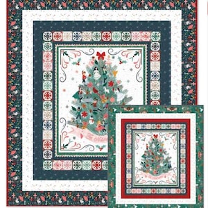 May include: A Christmas-themed quilt featuring a central image of a decorated Christmas tree with figures. The quilt has a white background with a dark teal border and red and green accents. The quilt measures 53.5 x 59.5 inches.