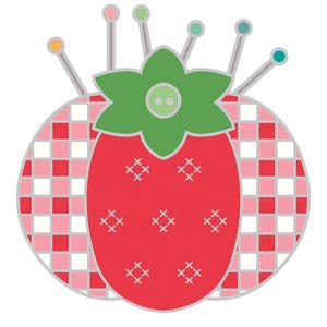 May include: A strawberry-shaped pin cushion with a red body featuring white cross-stitch details, a green leaf top with a button center, and a checkered pink, red, and white background. Five sewing pins with colorful round heads protrude from the top.