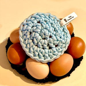 May include: A light blue crocheted egg cozy sits atop a cluster of brown and beige eggs in a dark circular holder. A small white tag attached to the cozy reads, 