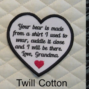 2-4 WEEKS TURN AROUND Sew On 4 Inch Heart Shaped-Your Bear Mom Memory Patch - Color Text - Cotton Twill or Felt - Custom Wording Welcome
