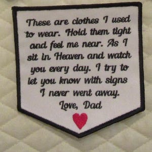 2-4 WEEKS TURN AROUND Sew On These are Clothes in Heaven Dad-Pocket Memory Patch-Color Thread-Twill Cotton Fabric 4.25"W x 4.50"H
