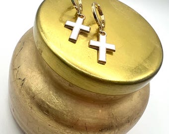 White and Gold Cross Charm Hoop Earrings, Customizable Jewelry