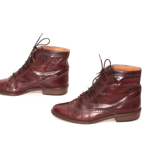 size 8.5 OXFORD oxblood leather 80s 90s MADE in ITALY lace up high ankle boots