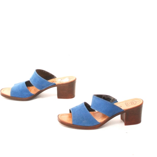 size 7 PLATFORM blue suede leather 70s 80s STRAPPY slip on MULES sandals