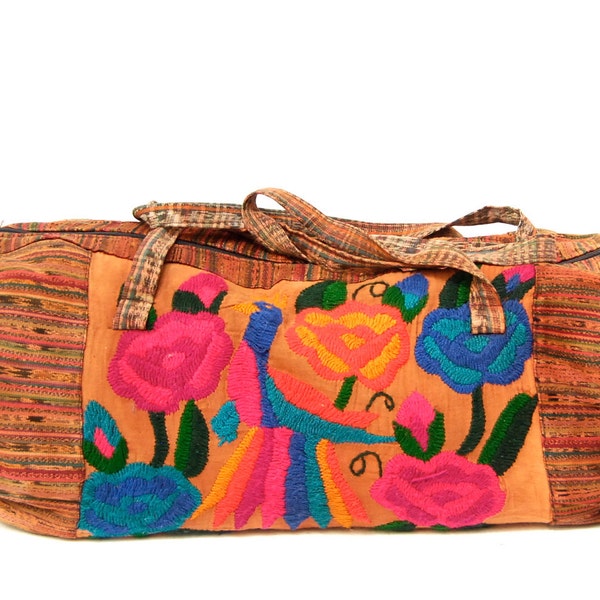 IKAT multicolor 70s 80s embroidered PEACOCK giant cotton DUFFLE overnight bag