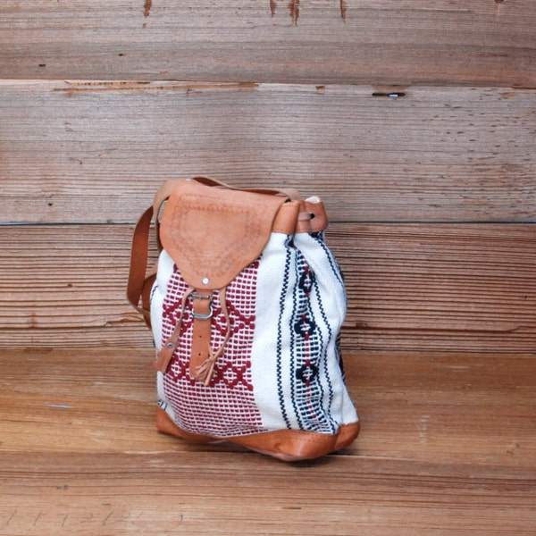 BOHEMIAN tan leather 70s 80s WOVEN TAPESTRY ethnic tassel purse bag