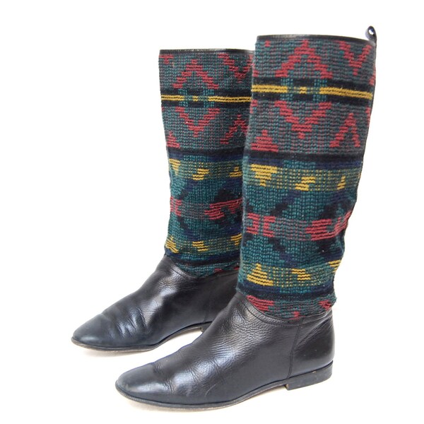 size 8 SOUTHWEST woven tapestry TRIBAL print knee high TALL boots