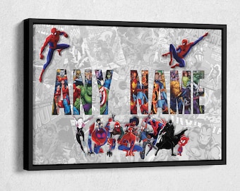 Peter Parker, gepersonaliseerde naam, superheld aangepaste karakters, Marvel aangepaste poster, gepersonaliseerde canvas kunst aan de muur ingelijst, cadeau voor kind