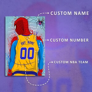Op de afbeelding: Een digitale illustratie van een basketballer die een geel en blauw shirt draagt met een Spider-Man-masker. Het shirt heeft de tekst "ANY NAME" en het nummer "00" op de rug.