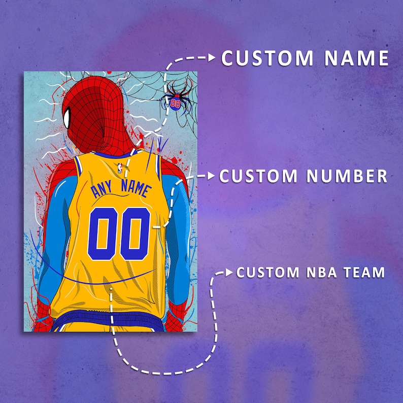 Op de afbeelding: Een digitale illustratie van een basketballer die een geel en blauw shirt draagt met een Spider-Man-masker. Het shirt heeft de tekst "ANY NAME" en het nummer "00" op de rug.