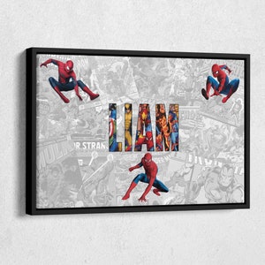 May include: A framed canvas print featuring the name "LIAM" in colorful comic book style letters. The background is a collage of black and white comic book panels. Spider-Man figures are positioned around the name.