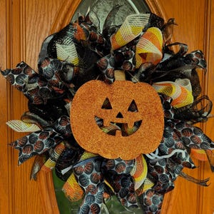Halloween Wreath, Jack O Lantern Wreath, Spooky Wreath, Candy Corn and Black Wreath, Front Door Wreath, Fall Wreath