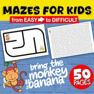 Libro de laberintos imprimible para niños – 50 páginas – ¡Descarga instantánea! De fácil a desafiante – ¡Perfecto para actividades en interiores! Tamaño carta o A4