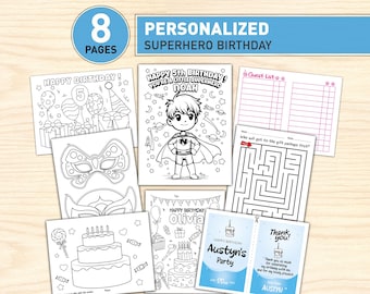 May include: A set of eight printable coloring pages for a superhero birthday party. The pages feature black and white line art including a superhero character, birthday cakes, balloons, masks, a guest list, a maze, and a thank you card template.