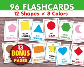 Montessori Shape Color Flash Cards, 96 Preschool Learning Cards (Digital Download)
