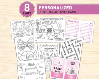 May include: A personalized birthday activity pack consisting of eight pages featuring black and white coloring sheets, a guest list, a maze, and thank you cards. The pages include illustrations of farm animals, birthday cakes, balloons, and masks.