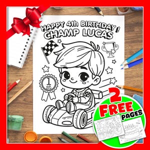 Personalized Birthday Coloring Page –Custom Name, Champion Driver themed, Cake, Candy & Balloons! Print at Home, Perfect Kids' Birthday Gift