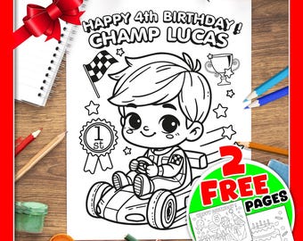 PERSONALIZED Name Birthday Coloring Favor: Custom Name, Champion Driver themed, Cake, Candy & Balloons