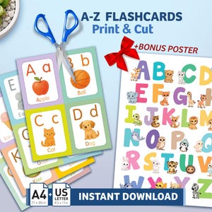 May include: A-Z flashcards with colorful illustrations and the text "Print & Cut." The flashcards feature the alphabet with corresponding images like an apple and a cat. A bonus poster with the alphabet and animal illustrations is included.