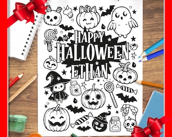 Personlig Halloween-målarbild för barn, utskrivbar med eget namn (digital nedladdning)