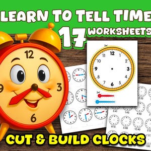子供向け時刻学習ワークシート、時計学習アクティビティ、切り取って組み立てる時計の印刷用PDF