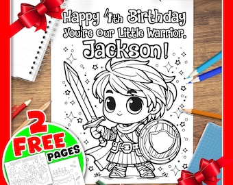 May include: A black and white coloring page featuring a cartoon knight holding a sword and shield. The text "Happy 4th Birthday You're our Little Warrior. Jackson!" is at the top of the page.