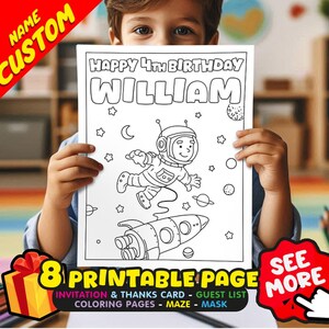 Personalized Birthday Coloring Pages Set of 8, Custom Name & Age, Astronaut Theme, Printable Party Activity PDF