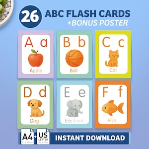 Montessori ABC-kort: Illustrerade alfabetsinlärningskort med bonusposter (digital nedladdning)