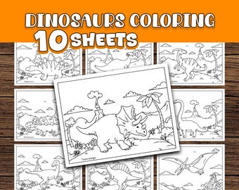 Dibujos para colorear de dinosaurios para niños, hojas de actividades imprimibles de dinosaurios, T-Rex, Raptor y Spinosaurus en PDF
