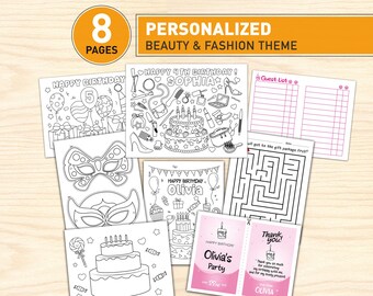May include: A set of eight printable activity pages featuring a beauty and fashion theme. The pages include black and white line art for coloring, such as birthday cakes, masks, and party supplies, alongside a guest list, a maze, and thank you cards.